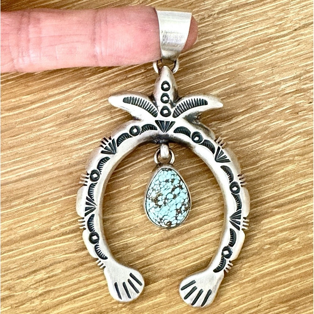 Navajo Naja Pendant Spiderweb Turquoise Signed SF Sterling Squash Matte 2.75"
